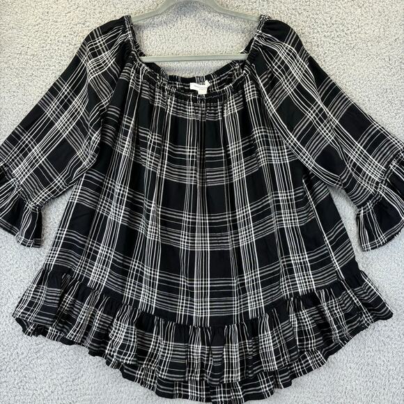 Beach Lunch Lounge Sheetal Top XL Boho Feminine Plaid Off Shoulder Tunic Ruffle - Picture 2 of 12